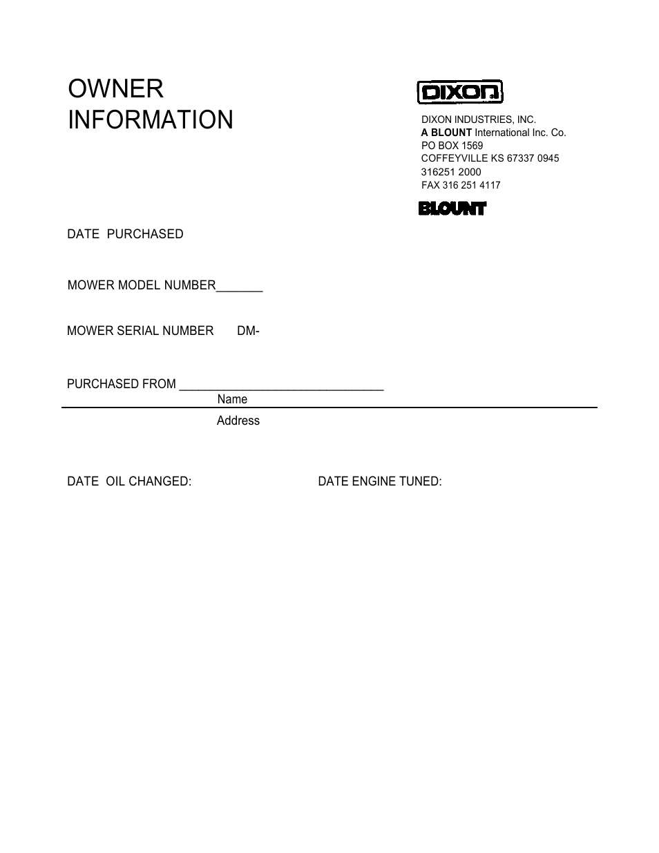 Owner information | Dixon 4000 Series User Manual | Page 36 / 38