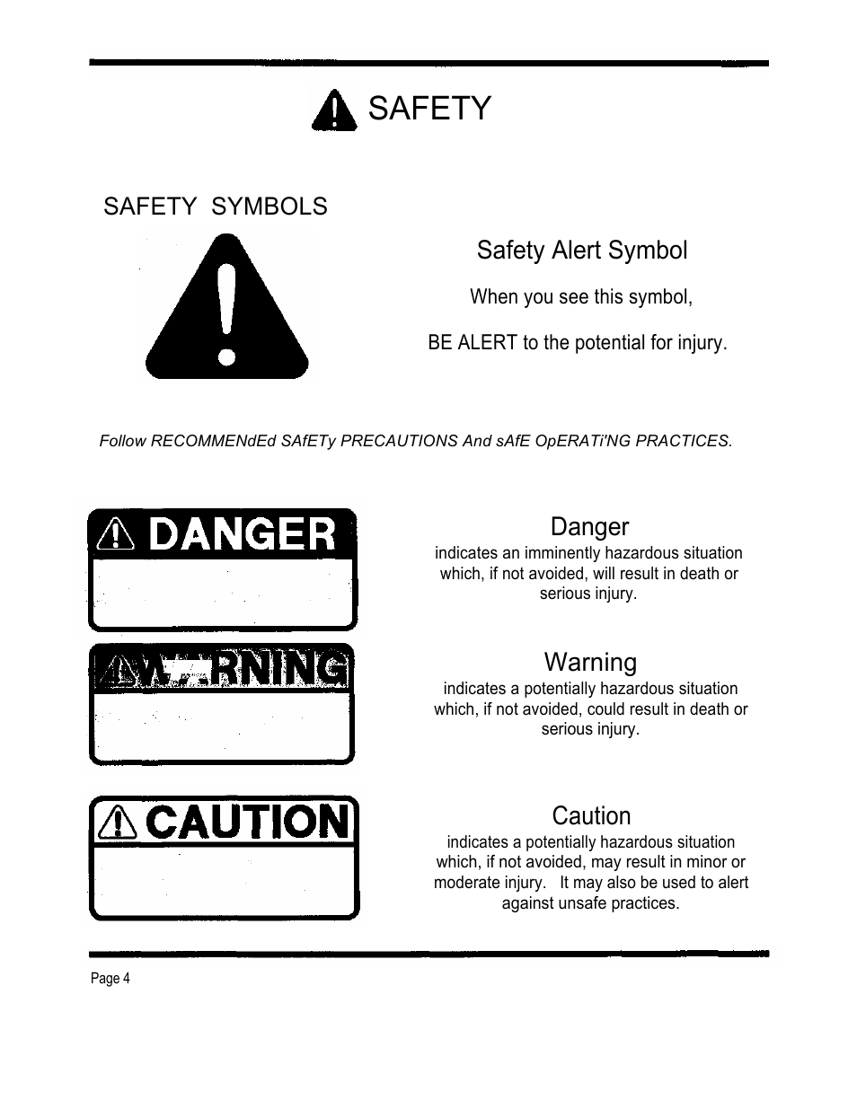 Safety, Safety alert symbol, Danger | Warning, Caution, Safety symbols | Dixon 4000 Series User Manual | Page 5 / 38