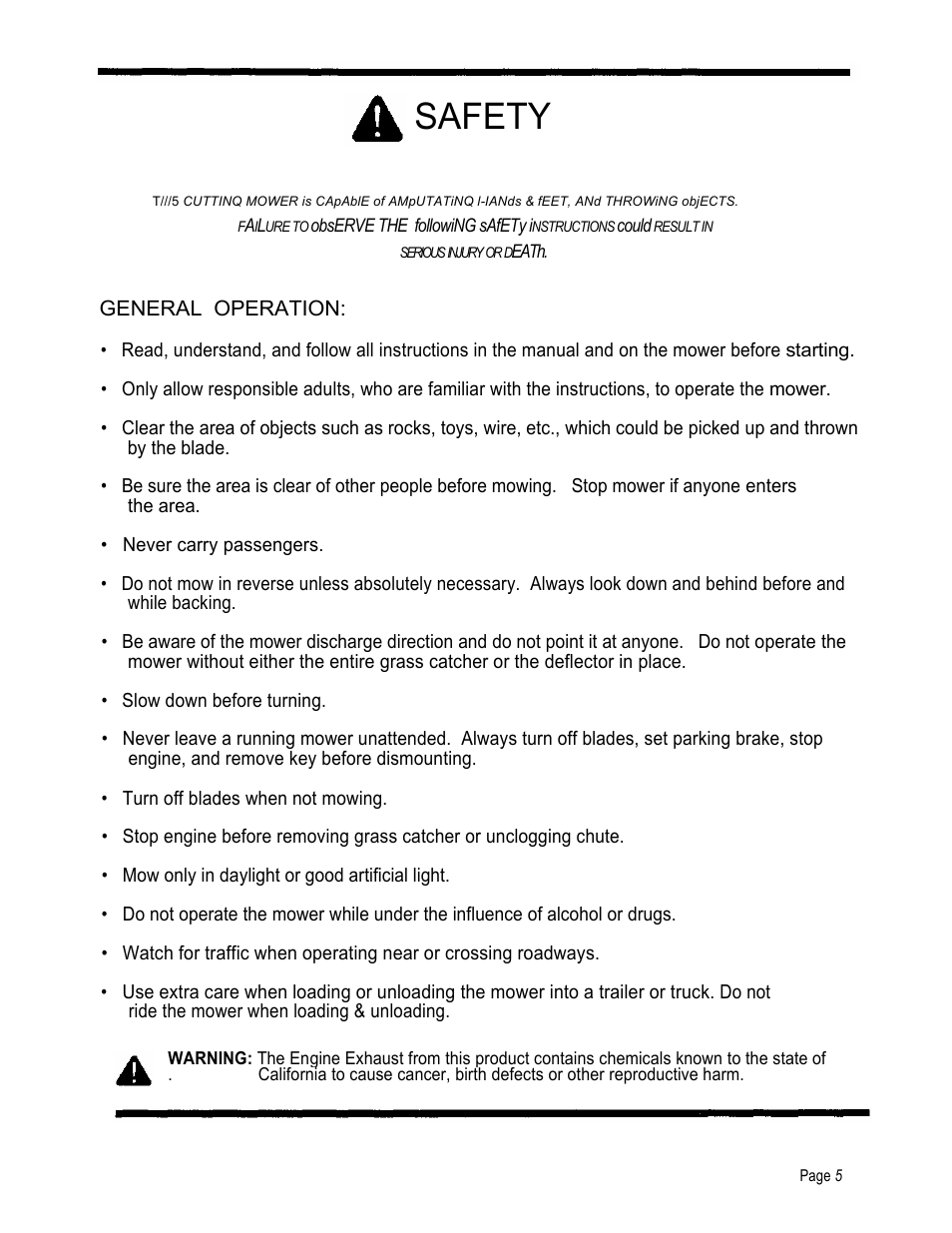 Safety, General operation | Dixon 4000 Series User Manual | Page 6 / 38