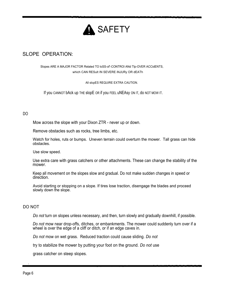 Safety, Slope operation | Dixon 4000 Series User Manual | Page 7 / 38