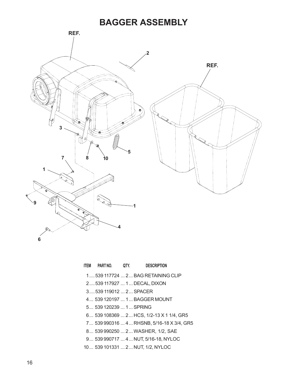Bagger assembly | Dixon 114893 - DCK2 User Manual | Page 16 / 24