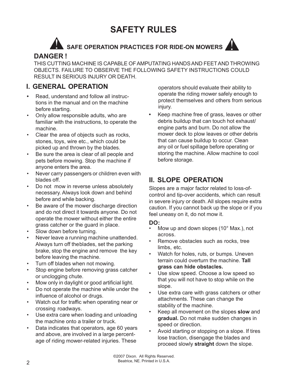 Safety rules, Danger, I. general operation | Ii. slope operation | Dixon 114893 - DCK2 User Manual | Page 2 / 24