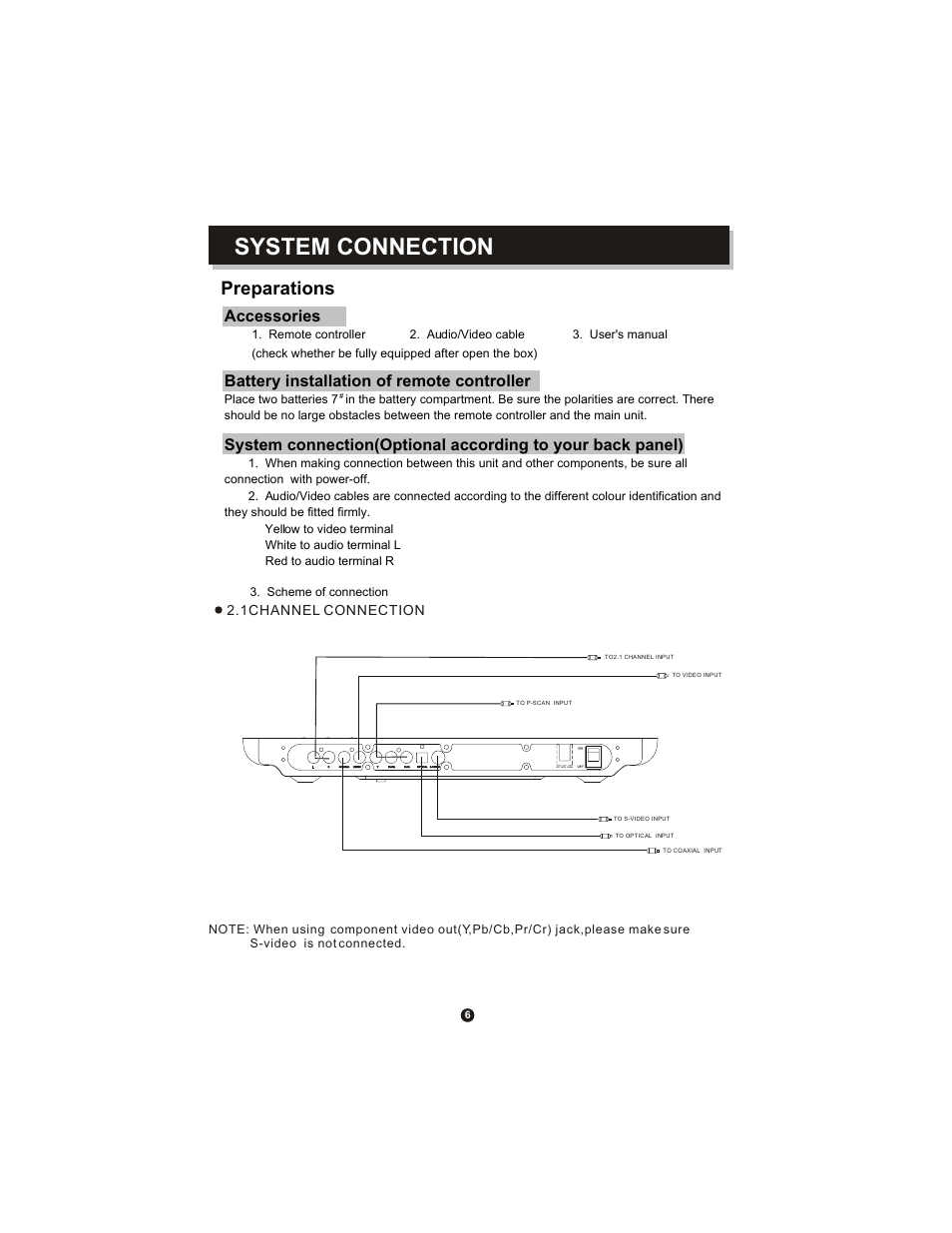 System connection, Preparations, Accessories | Battery installation of remote controller | Curtis DVD1071 User Manual | Page 10 / 26