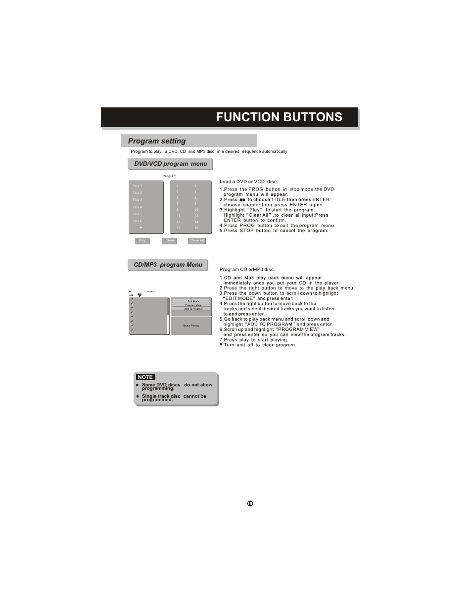 Function buttons, Program setting, Dvd/vcd program menu cd/mp3 program menu | Curtis DVD1071 User Manual | Page 19 / 26