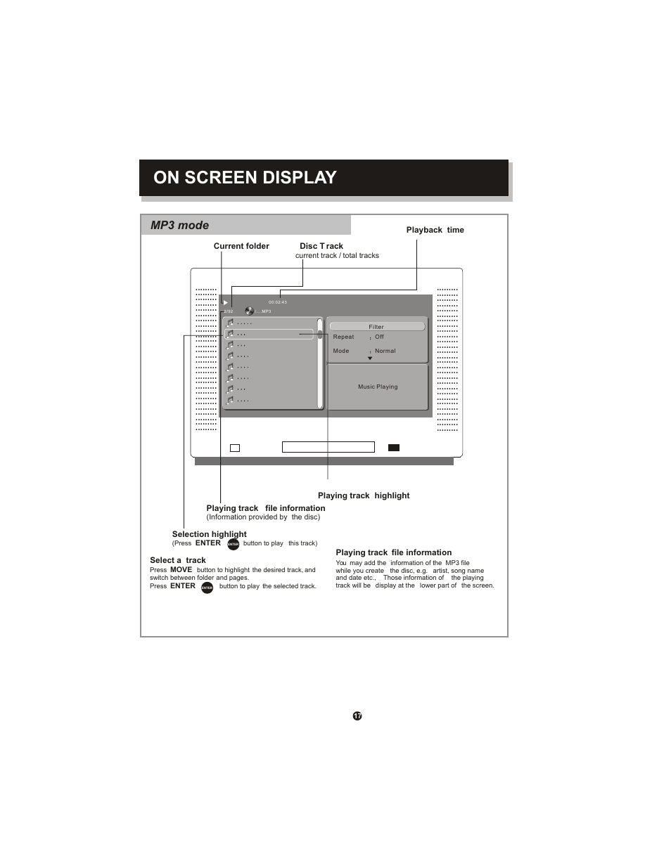 On screen display, Mp3 mode | Curtis DVD1071 User Manual | Page 21 / 26