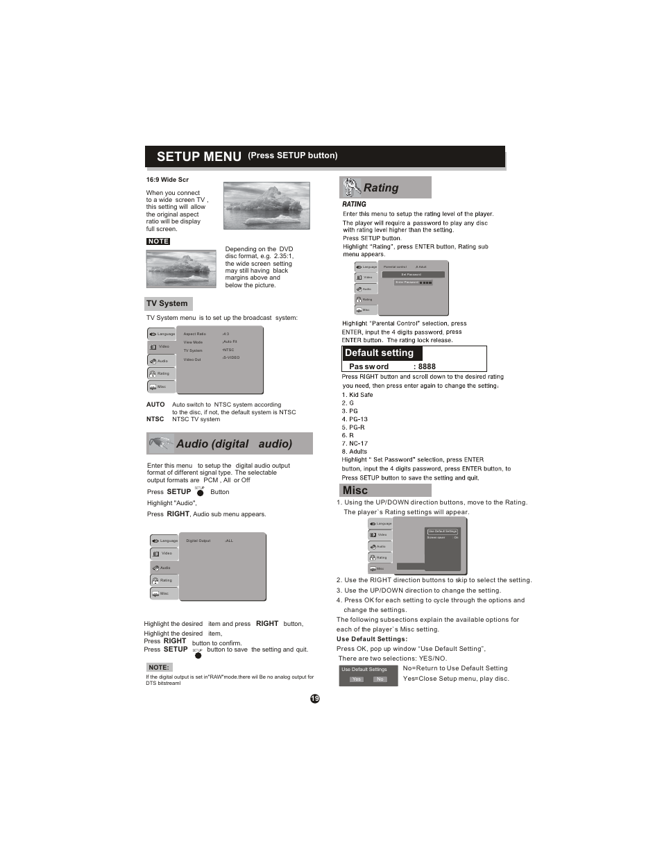 Setup menu, Audio (digital audio), Rating | Misc, Default setting, Press setup button) | Curtis DVD1071 User Manual | Page 23 / 26