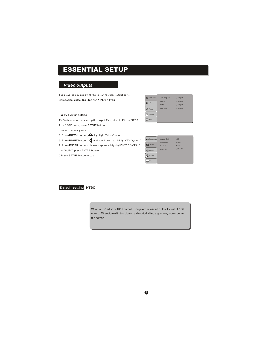 Essential setup, Video outputs | Curtis DVD1071 User Manual | Page 5 / 26