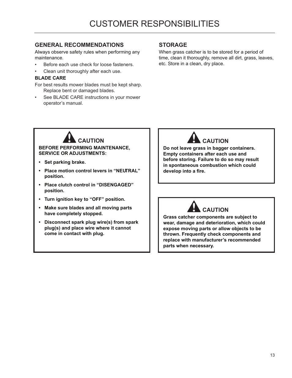 Customer responsibilities, General recommendations, Storage | Dixon 966004101 User Manual | Page 12 / 18