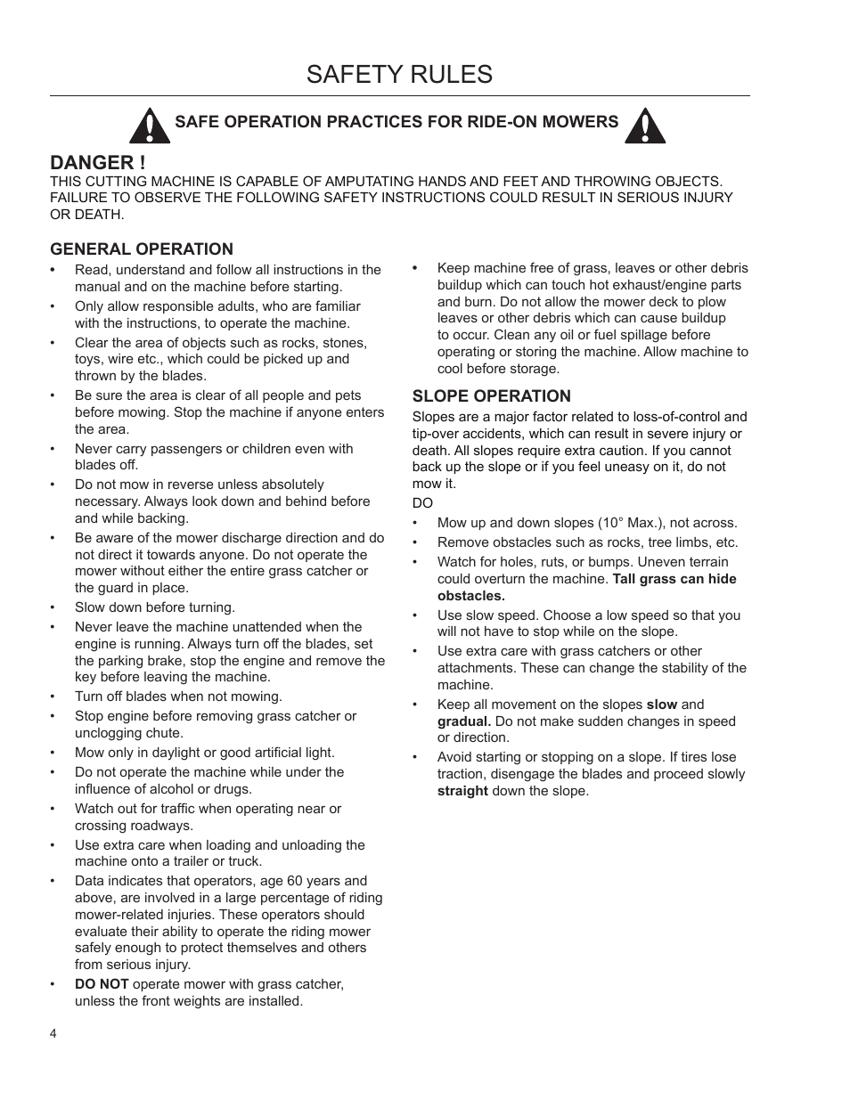 Safety rules, General operation, Slope operation | Danger | Dixon 966004101 User Manual | Page 3 / 18