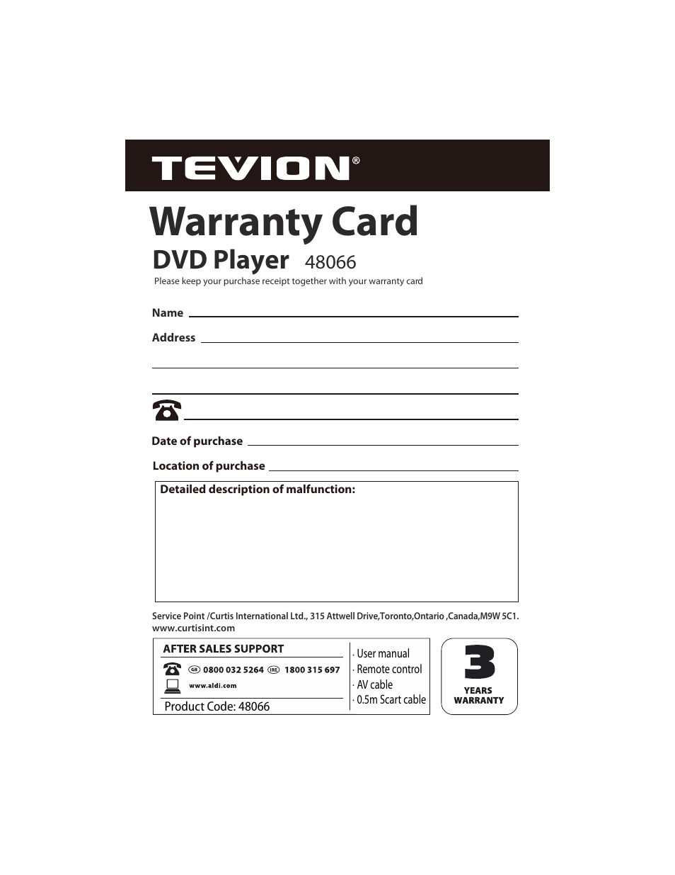 Warranty card, Dvd player | Curtis DVD1096UKT User Manual | Page 30 / 31