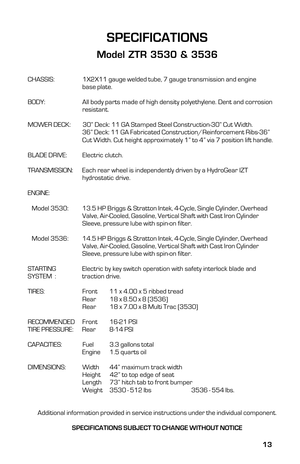 Specifications | Dixon 3500 Series User Manual | Page 13 / 44