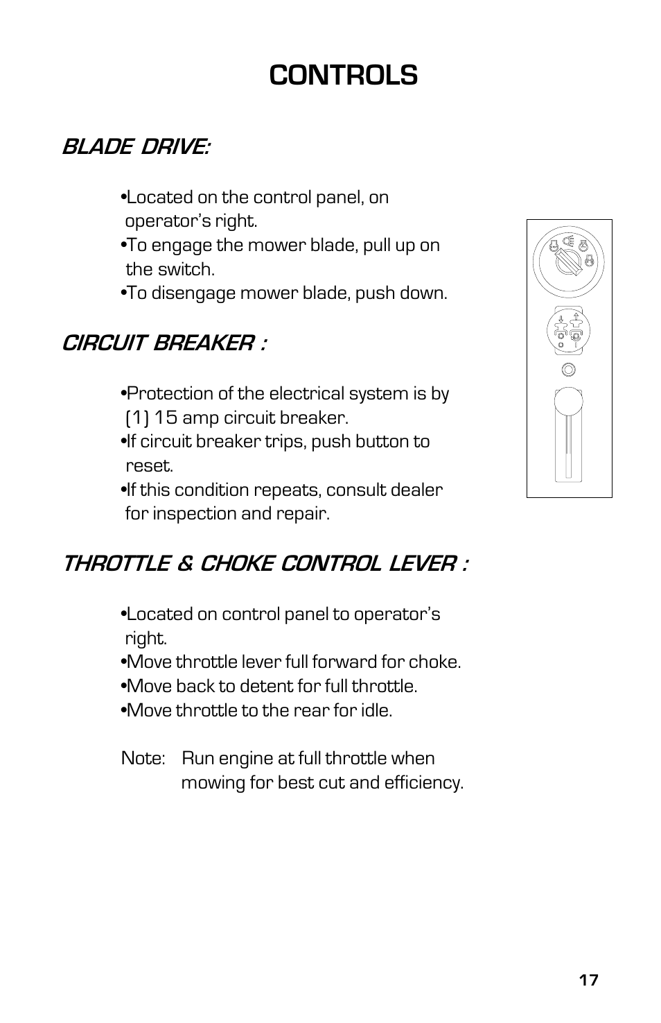 Controls, Blade drive, Circuit breaker | Throttle & choke control lever | Dixon 3500 Series User Manual | Page 17 / 44