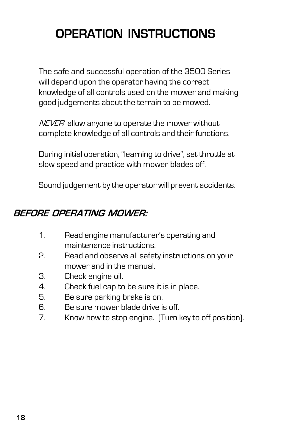 Operation instructions, Before operating mower | Dixon 3500 Series User Manual | Page 18 / 44