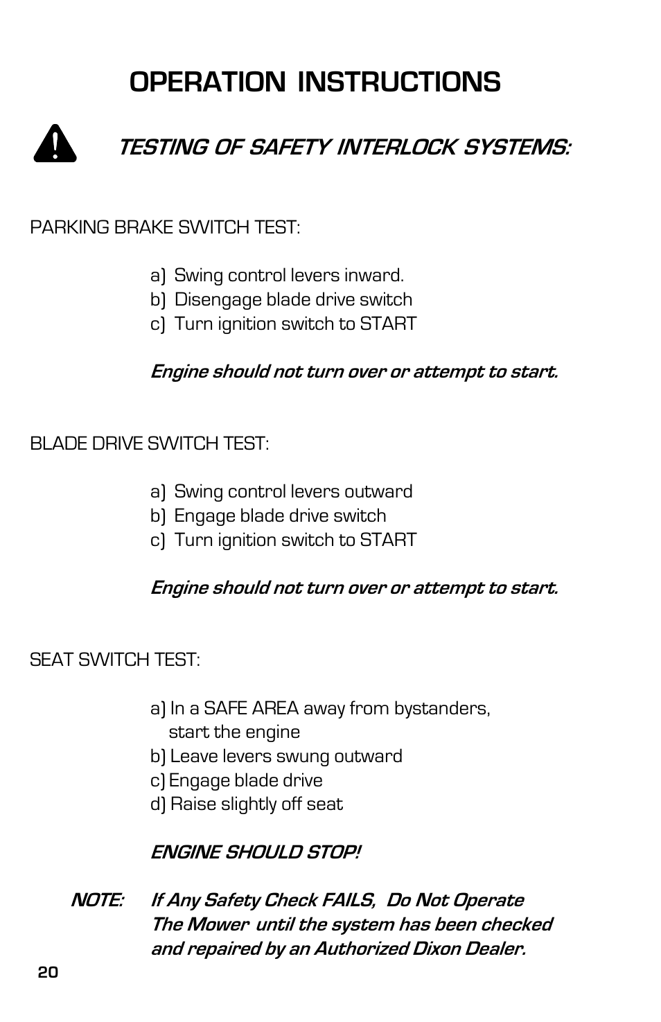 Operation instructions, Testing of safety interlock systems | Dixon 3500 Series User Manual | Page 20 / 44