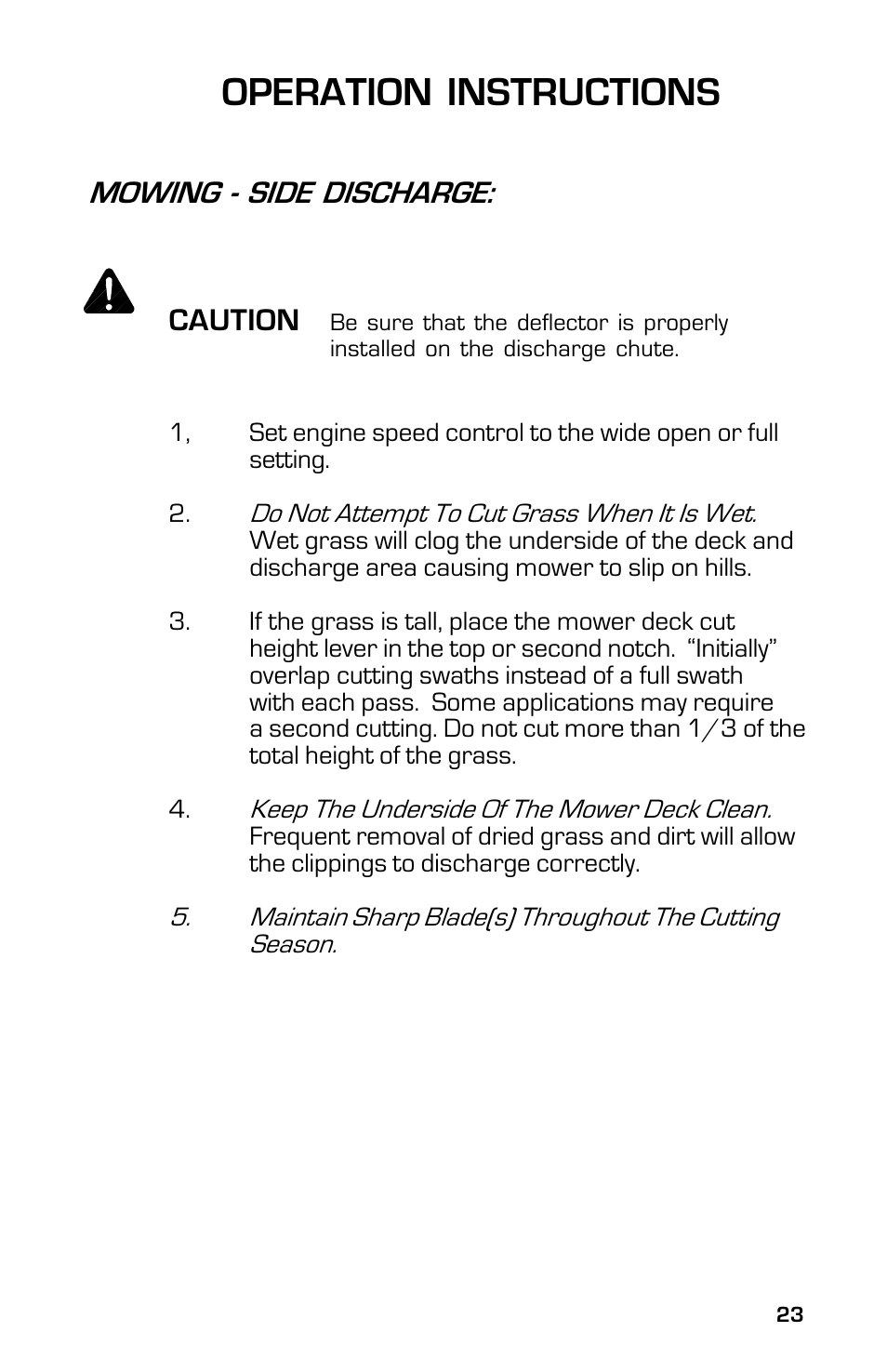 Operation instructions, Mowing - side discharge: caution | Dixon 3500 Series User Manual | Page 23 / 44