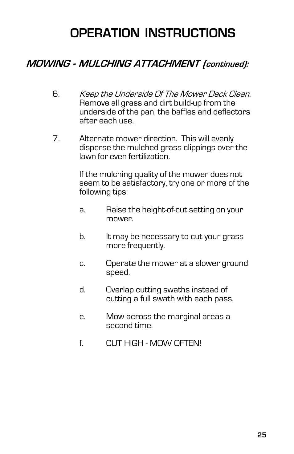 Operation instructions, Mowing - mulching attachment | Dixon 3500 Series User Manual | Page 25 / 44