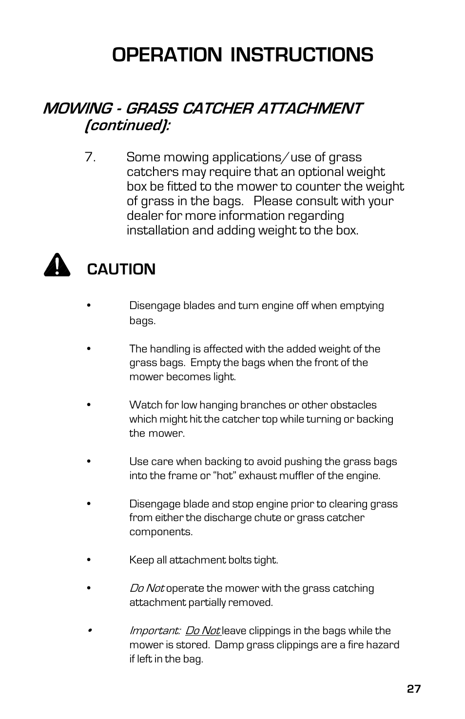 Operation instructions, Caution, Mowing - grass catcher attachment (continued) | Dixon 3500 Series User Manual | Page 27 / 44