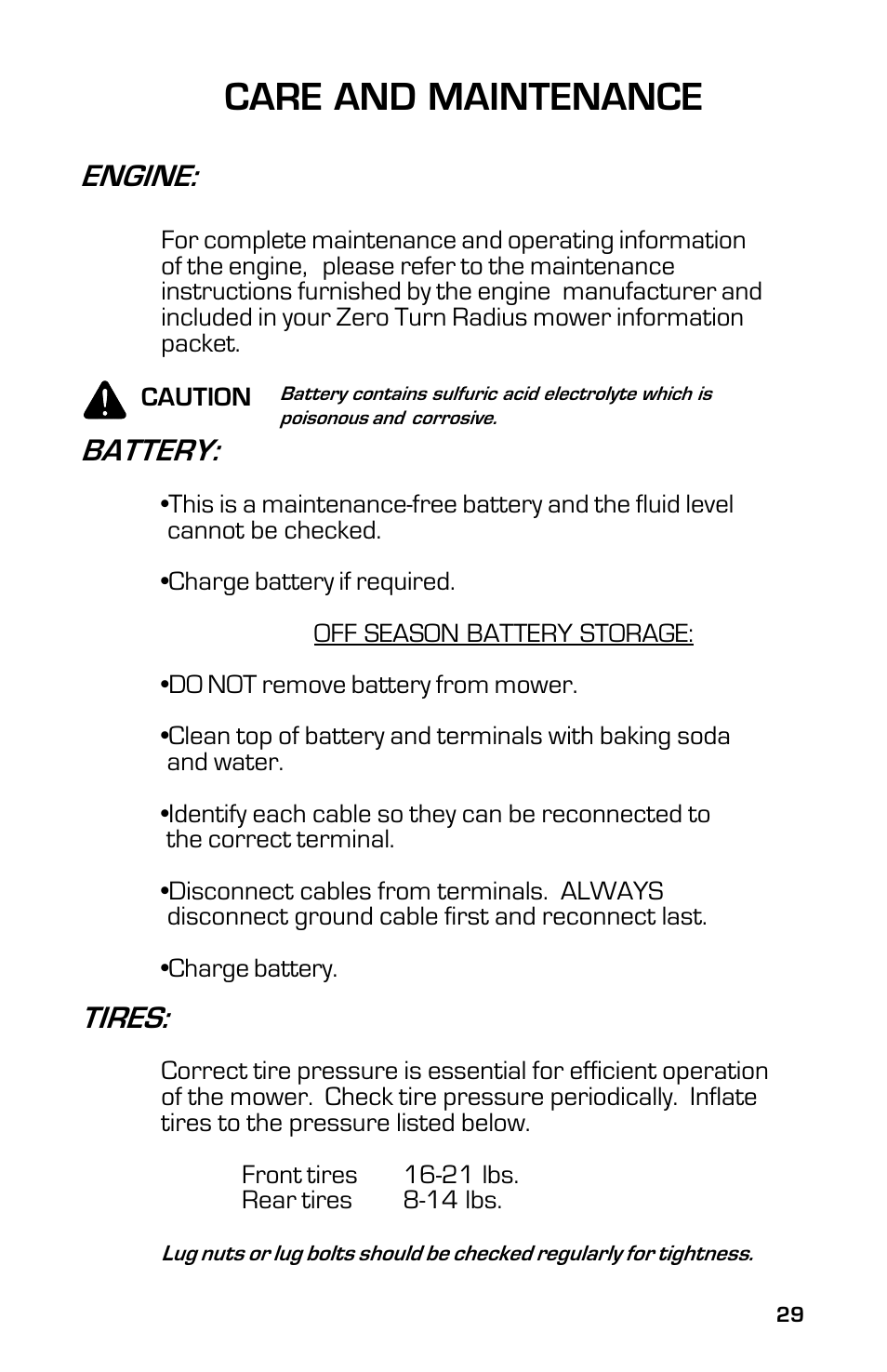 Care and maintenance, Engine, Battery | Tires | Dixon 3500 Series User Manual | Page 29 / 44