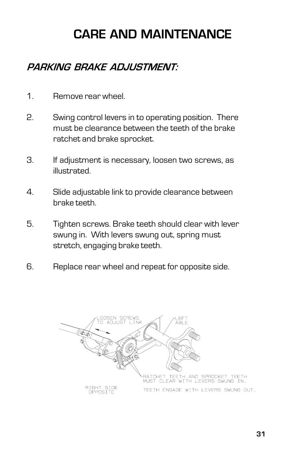 Care and maintenance, Parking brake adjustment | Dixon 3500 Series User Manual | Page 31 / 44