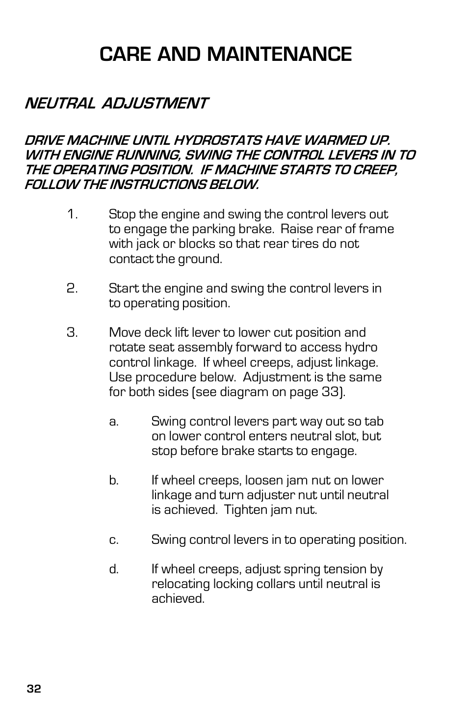 Care and maintenance, Neutral adjustment | Dixon 3500 Series User Manual | Page 32 / 44