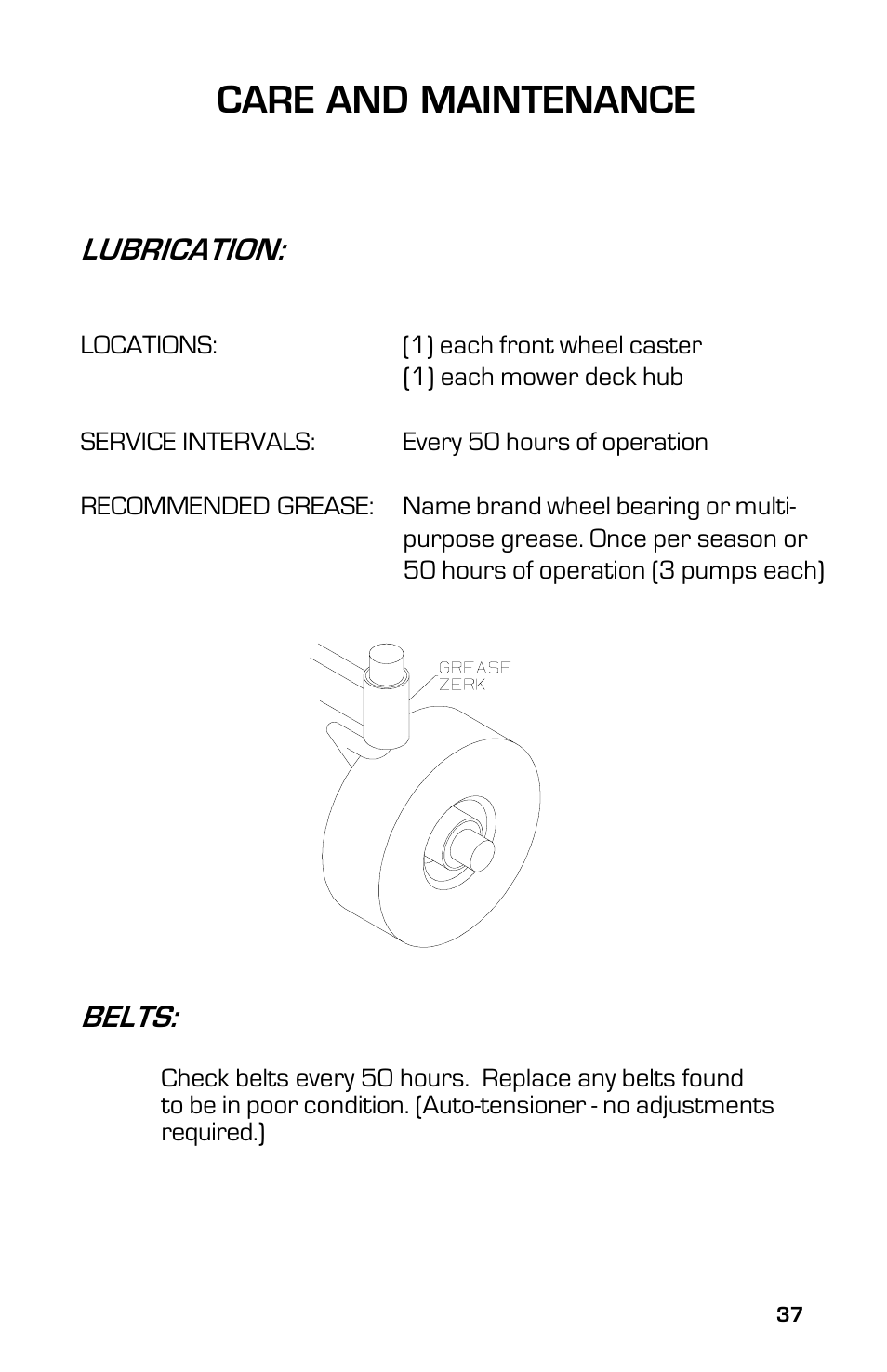 Care and maintenance, Lubrication, Belts | Dixon 3500 Series User Manual | Page 37 / 44