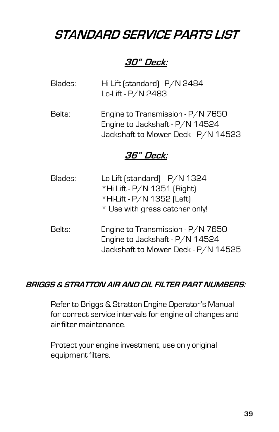 Standard service parts list, 30 deck, 36 deck | Dixon 3500 Series User Manual | Page 39 / 44