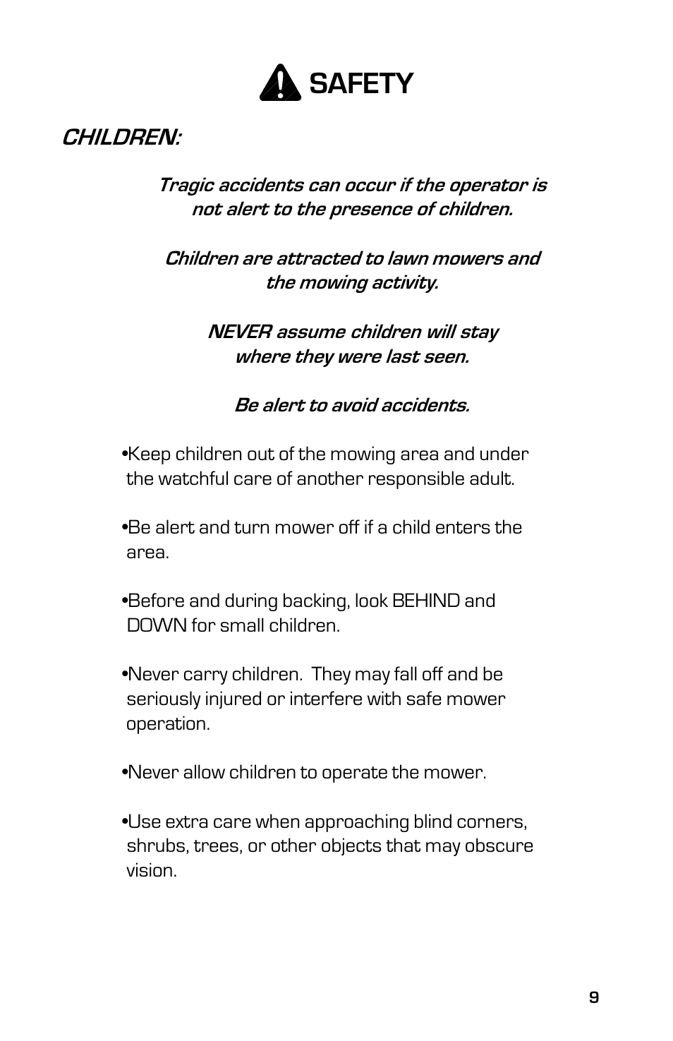 Safety, Children | Dixon 3500 Series User Manual | Page 9 / 44