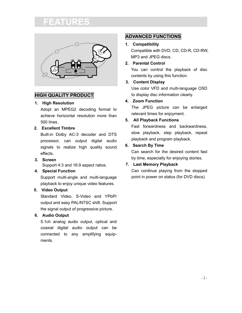 Features | Curtis DVD1190 User Manual | Page 3 / 21