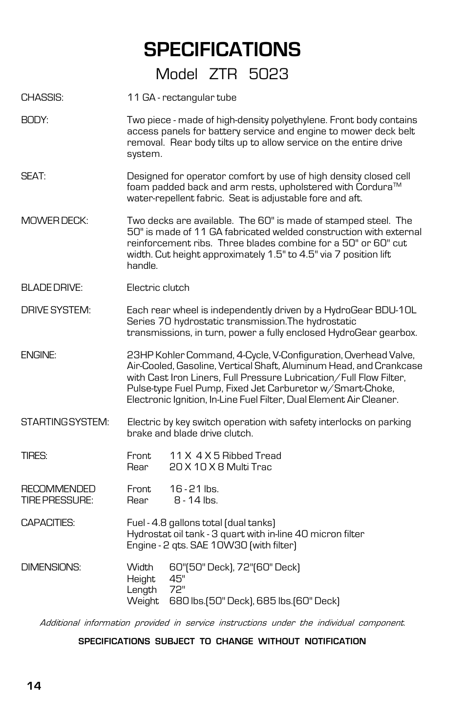 Specifications, Model ztr 5023 | Dixon ZTR 5023 User Manual | Page 14 / 60