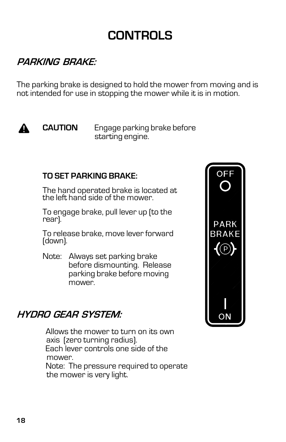Controls, Parking brake, Hydro gear system | Dixon ZTR 5023 User Manual | Page 18 / 60