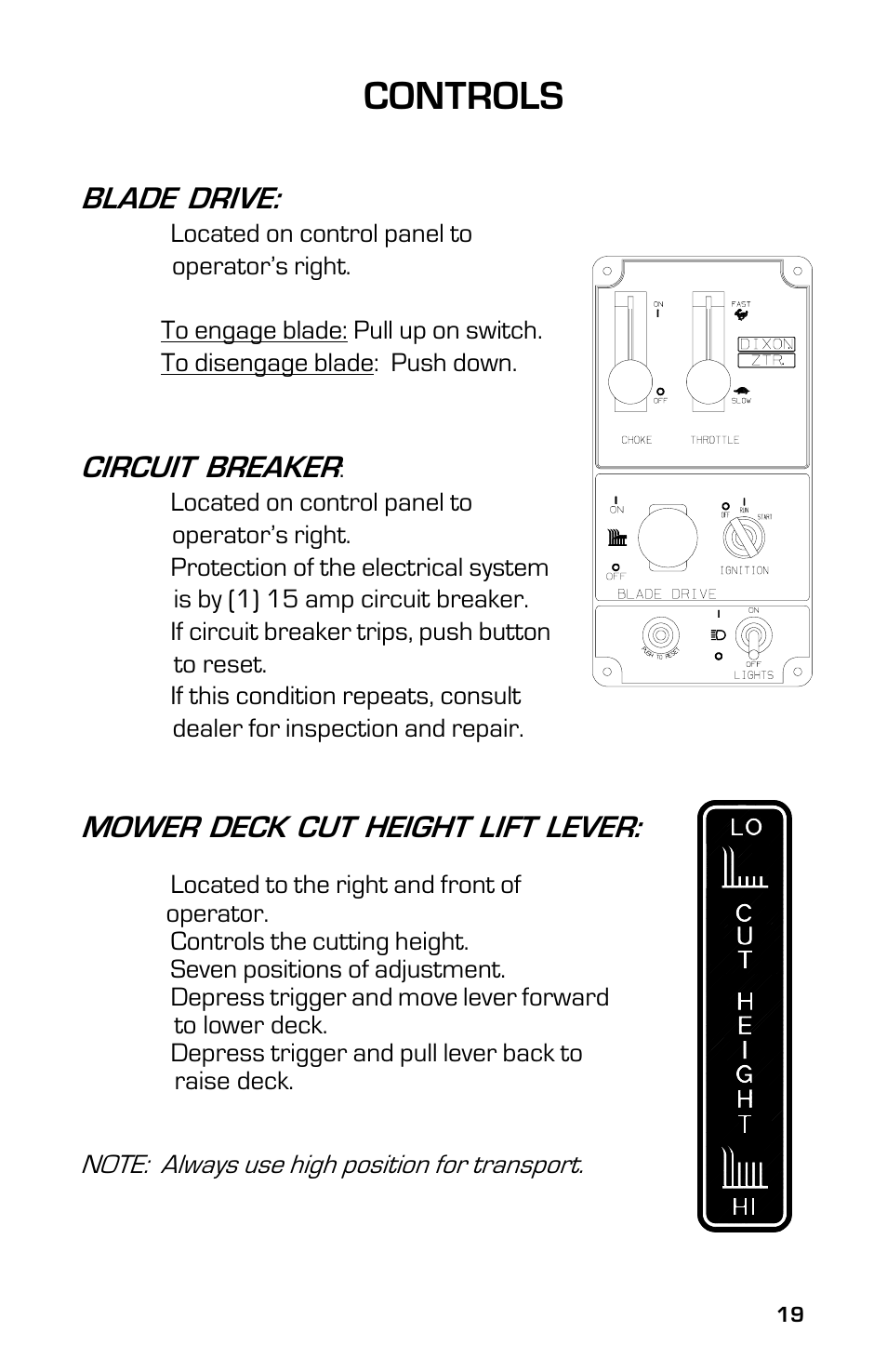 Controls, Mower deck cut height lift lever, Blade drive | Circuit breaker | Dixon ZTR 5023 User Manual | Page 19 / 60