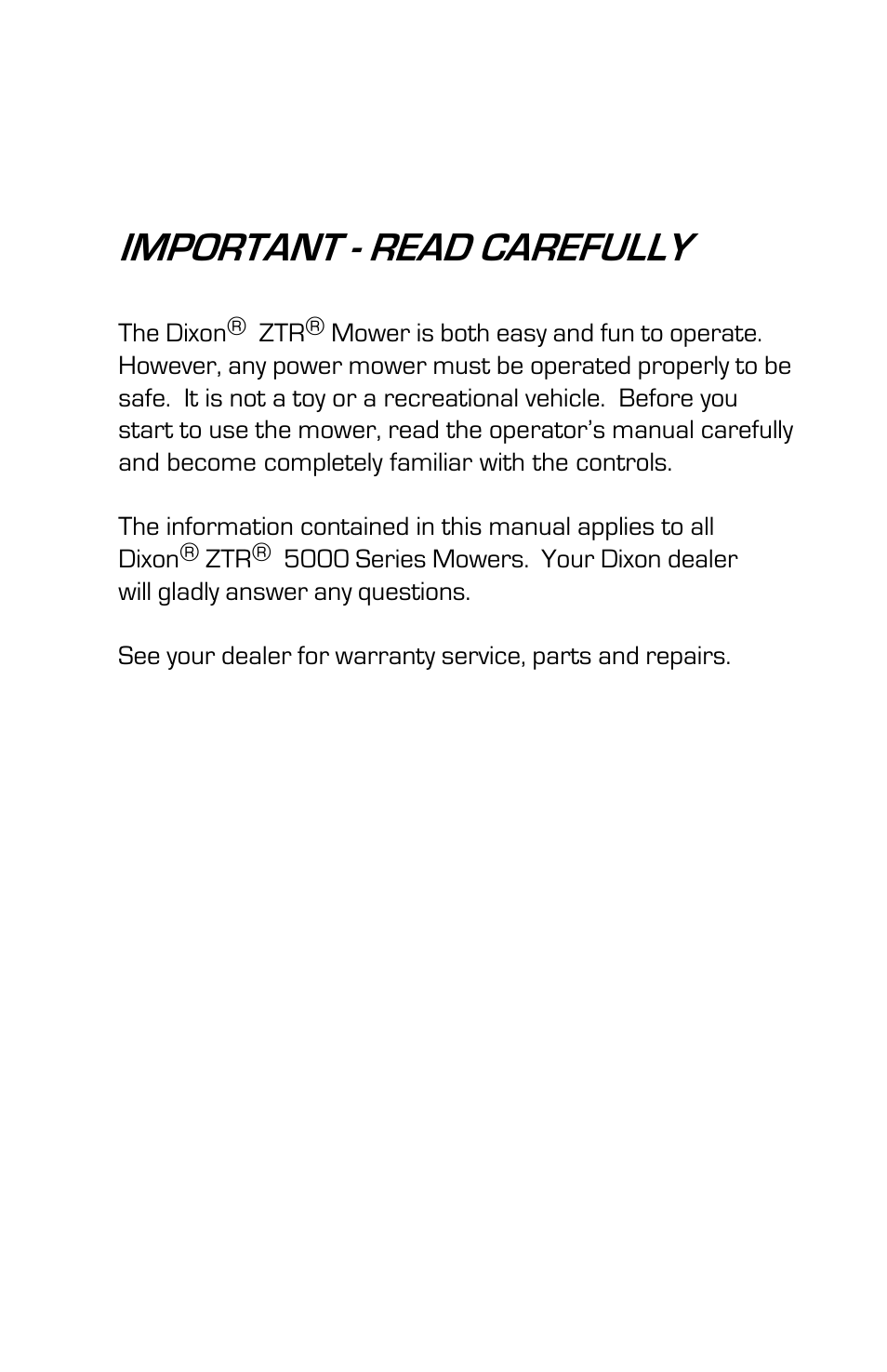 Important - read carefully | Dixon ZTR 5023 User Manual | Page 2 / 60