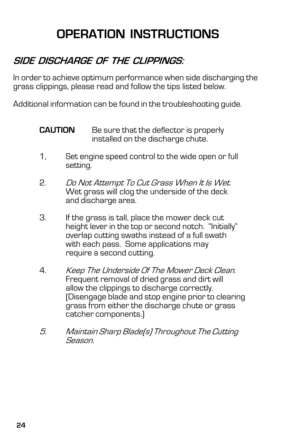 Operation instructions, Side discharge of the clippings | Dixon ZTR 5023 User Manual | Page 24 / 60