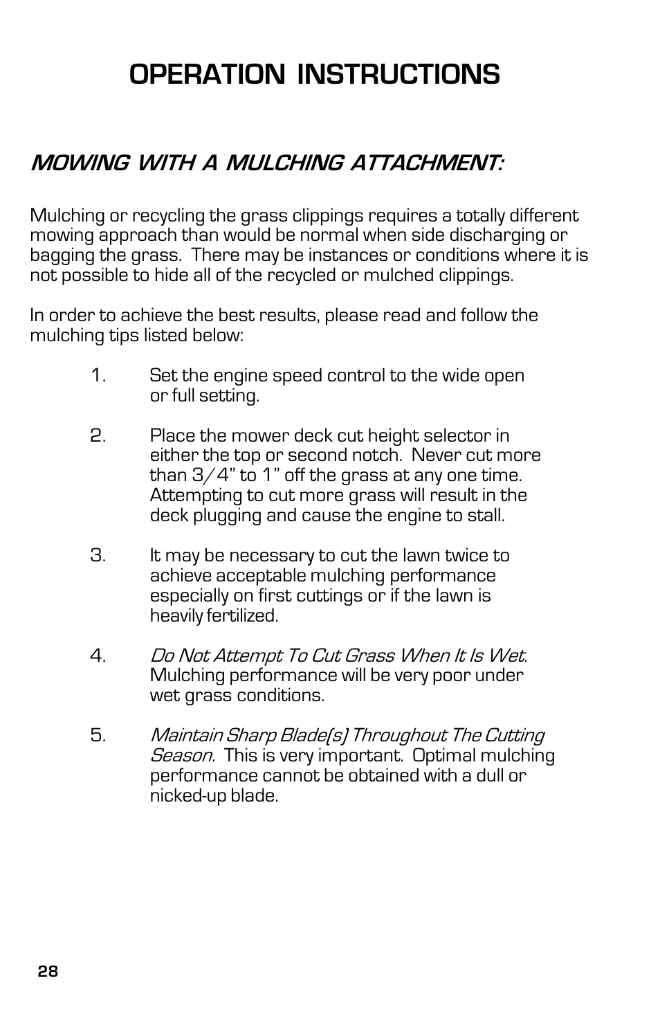 Operation instructions, Mowing with a mulching attachment | Dixon ZTR 5023 User Manual | Page 28 / 60