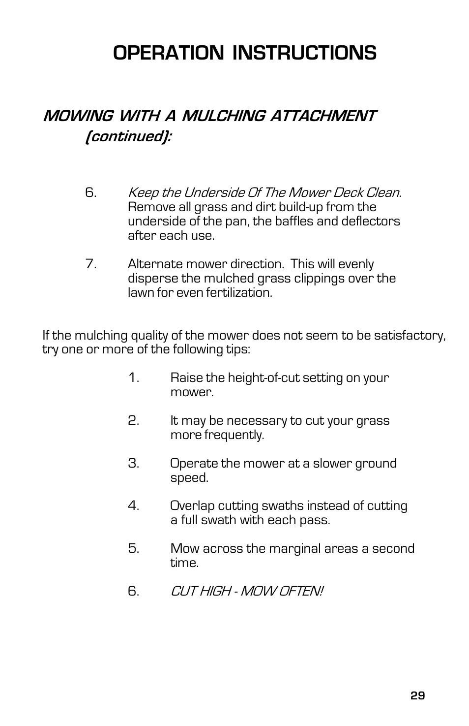 Operation instructions, Mowing with a mulching attachment (continued) | Dixon ZTR 5023 User Manual | Page 29 / 60