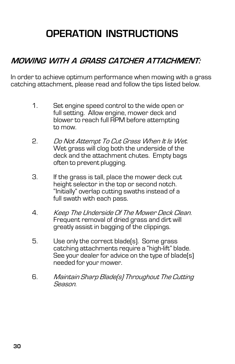 Operation instructions, Mowing with a grass catcher attachment | Dixon ZTR 5023 User Manual | Page 30 / 60