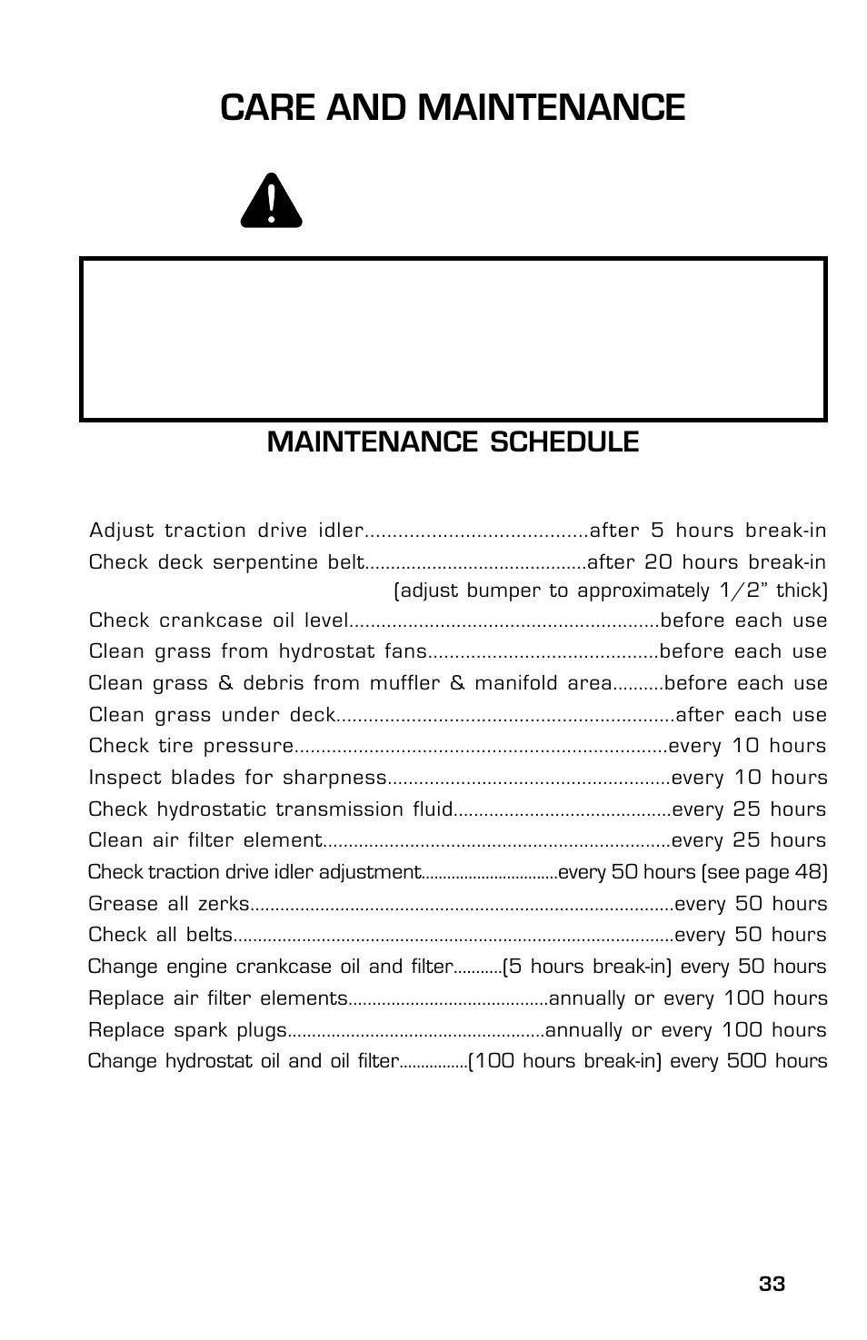 Maintenance schedule | Dixon ZTR 5023 User Manual | Page 33 / 60