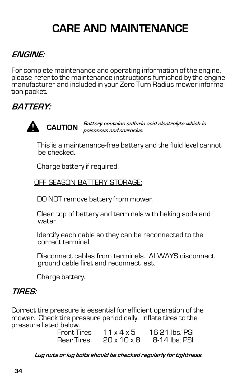 Care and maintenance, Engine, Battery | Tires | Dixon ZTR 5023 User Manual | Page 34 / 60