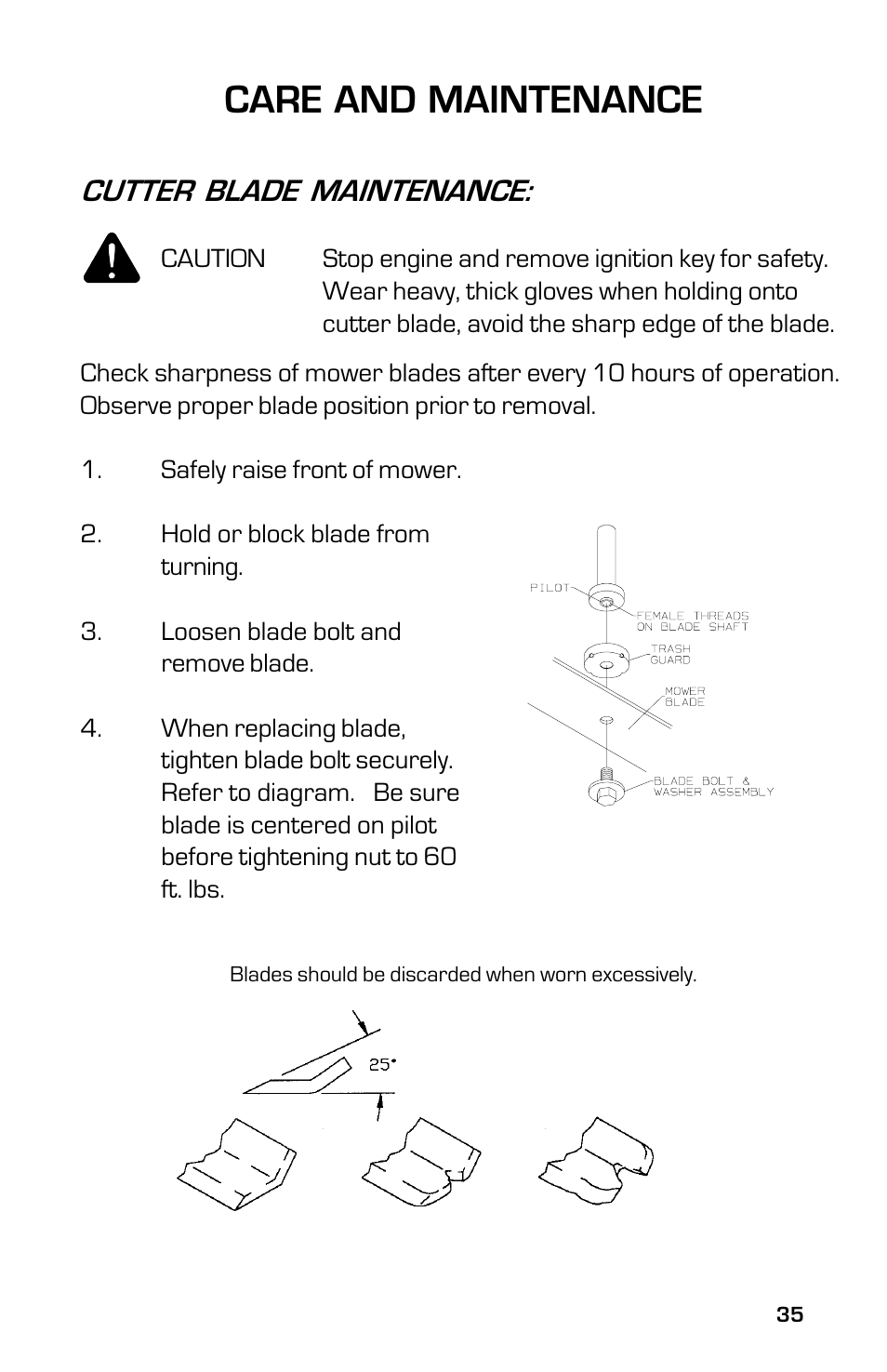 Care and maintenance, Cutter blade maintenance | Dixon ZTR 5023 User Manual | Page 35 / 60