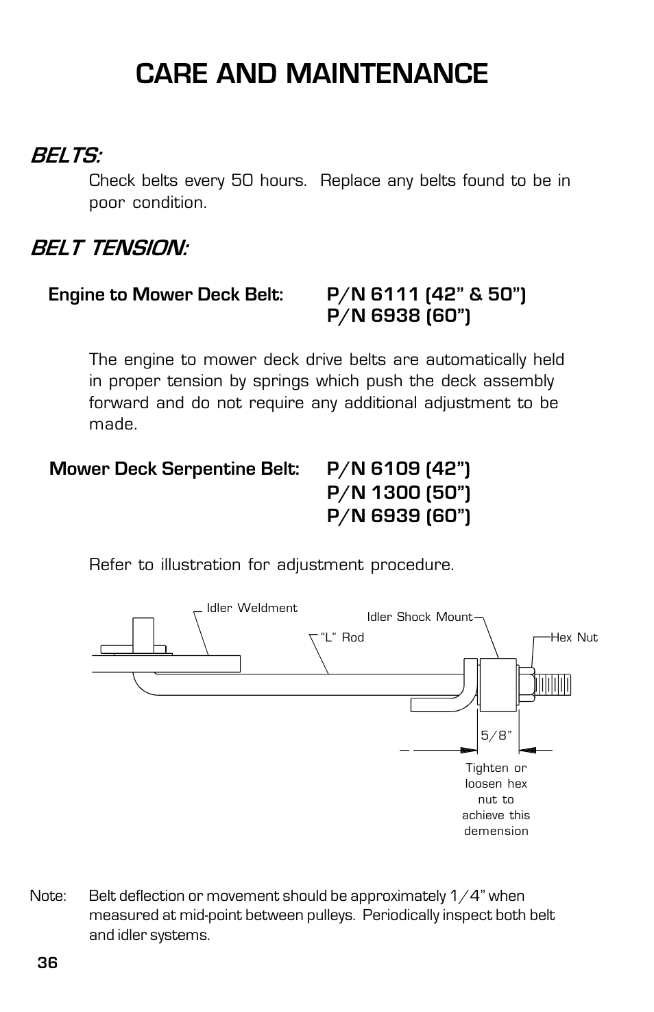 Care and maintenance, Belts, Belt tension | Dixon ZTR 5023 User Manual | Page 36 / 60