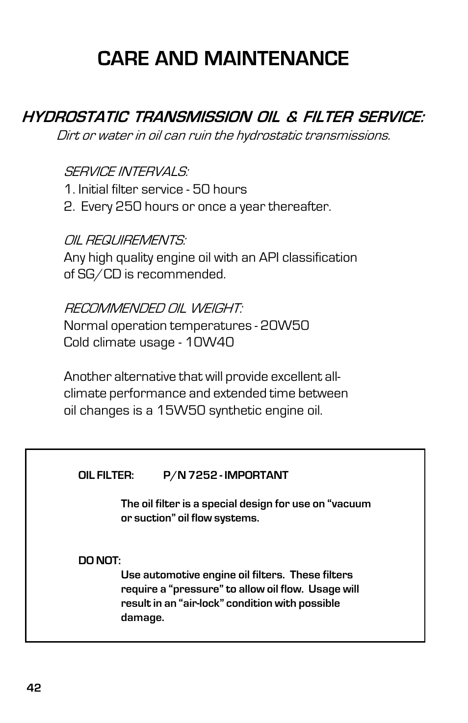 Care and maintenance, Hydrostatic transmission oil & filter service | Dixon ZTR 5023 User Manual | Page 42 / 60