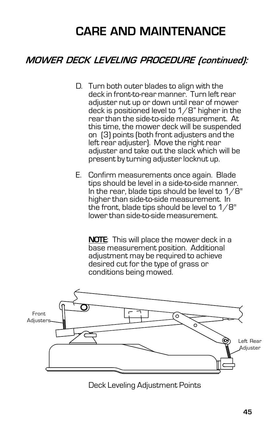 Care and maintenance, Mower deck leveling procedure (continued) | Dixon ZTR 5023 User Manual | Page 45 / 60