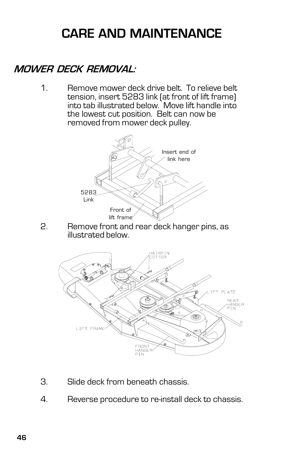 Care and maintenance, Mower deck removal | Dixon ZTR 5023 User Manual | Page 46 / 60