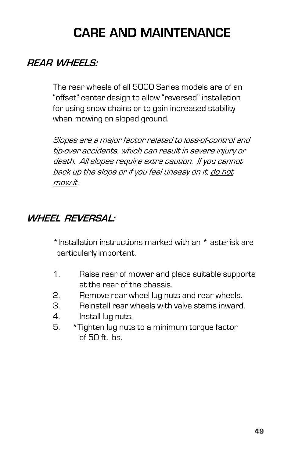 Care and maintenance, Rear wheels, Wheel reversal | Dixon ZTR 5023 User Manual | Page 49 / 60