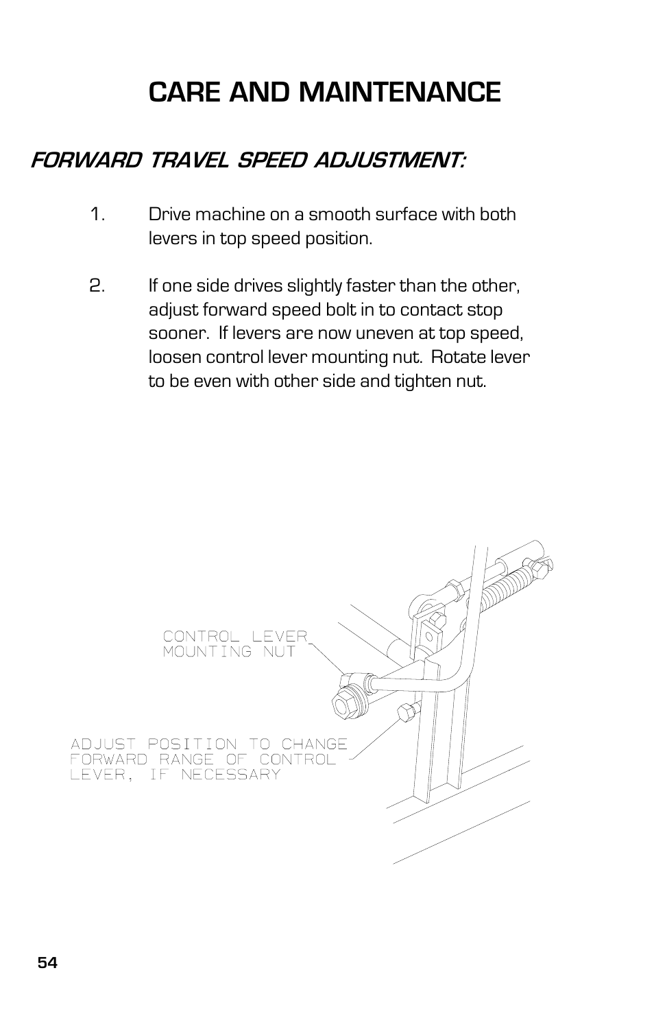 Care and maintenance, Forward travel speed adjustment | Dixon ZTR 5023 User Manual | Page 54 / 60