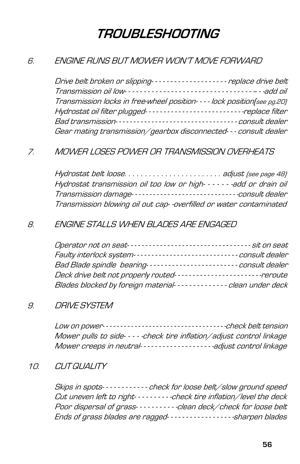 Troubleshooting | Dixon ZTR 5023 User Manual | Page 56 / 60