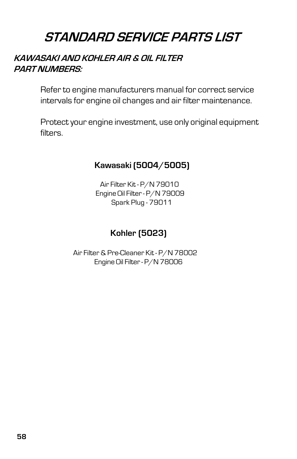 Standard service parts list | Dixon ZTR 5023 User Manual | Page 58 / 60