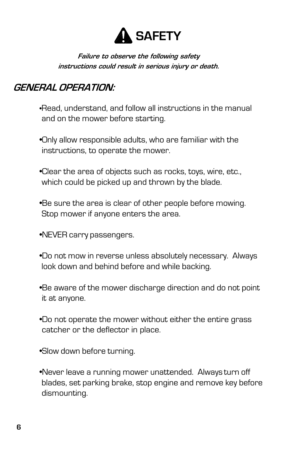 Safety, General operation | Dixon ZTR 5023 User Manual | Page 6 / 60