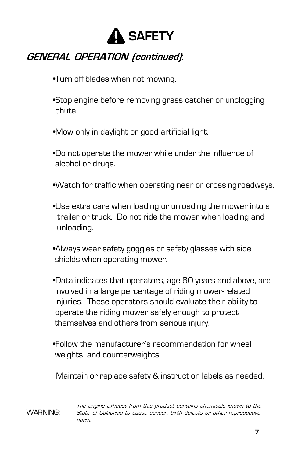 Safety, General operation (continued) | Dixon ZTR 5023 User Manual | Page 7 / 60