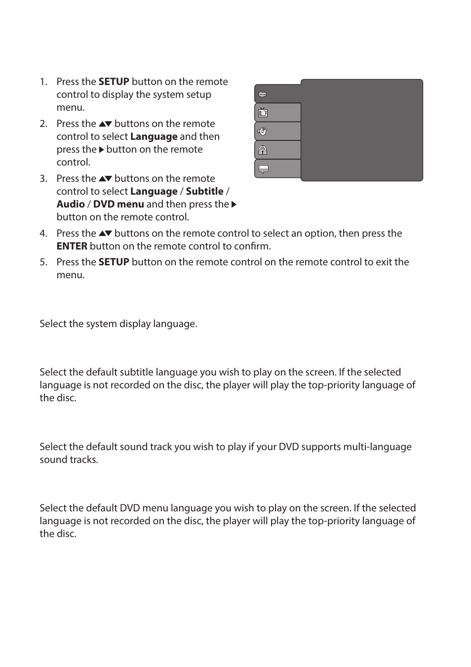 Language setting, Language subtitle audio dvd menu | Curtis DVD2070SUK User Manual | Page 10 / 15